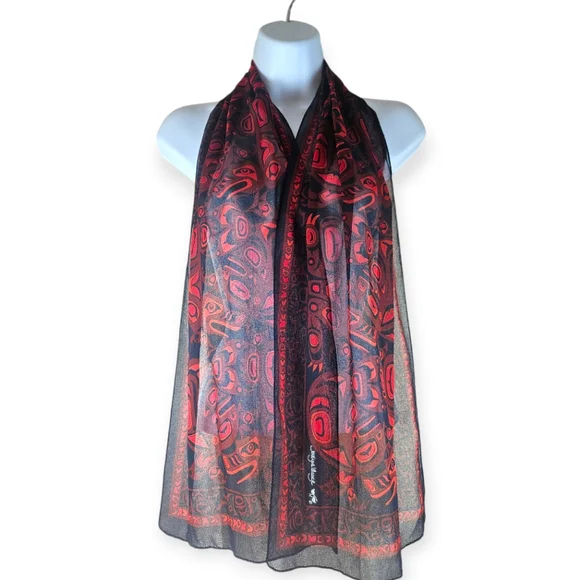Vintage Jocelyn Wauge black red blue Native American Print scarf